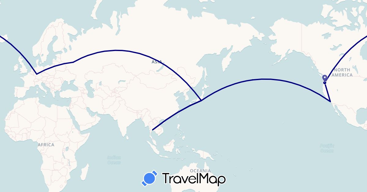 TravelMap itinerary: driving in Germany, Japan, Russia, Thailand, United States (Asia, Europe, North America)